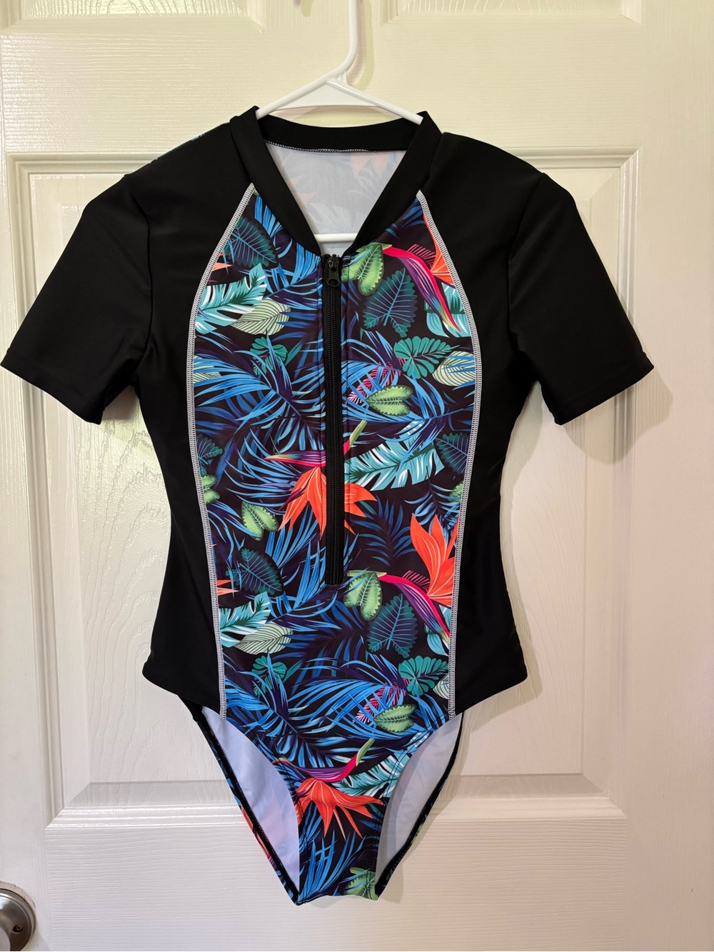 Kids Black Short-Sleeve One-Piece Swimsuit with Tropical Print